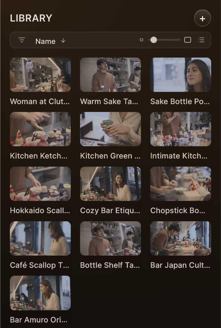 CineLogic library of camera clips with descriptive AI titles such as Warm Sake Tasting Scenes and Hokkaido Scallop Tasting