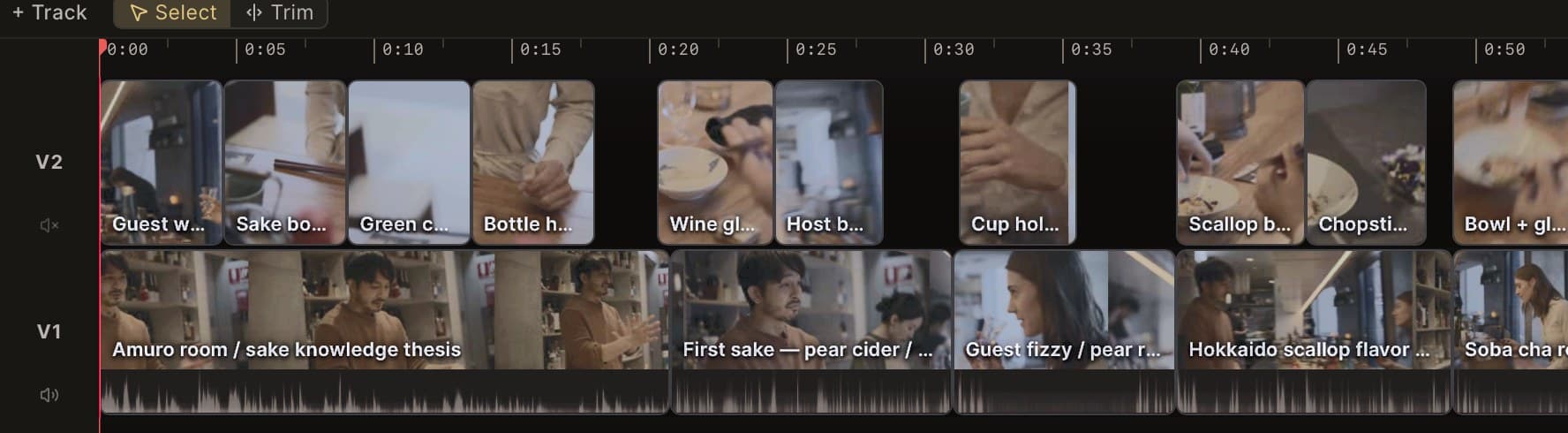 CineLogic timeline with labelled A-roll blocks such as Amuro room / sake knowledge thesis on V1 and B-roll cutaways on V2